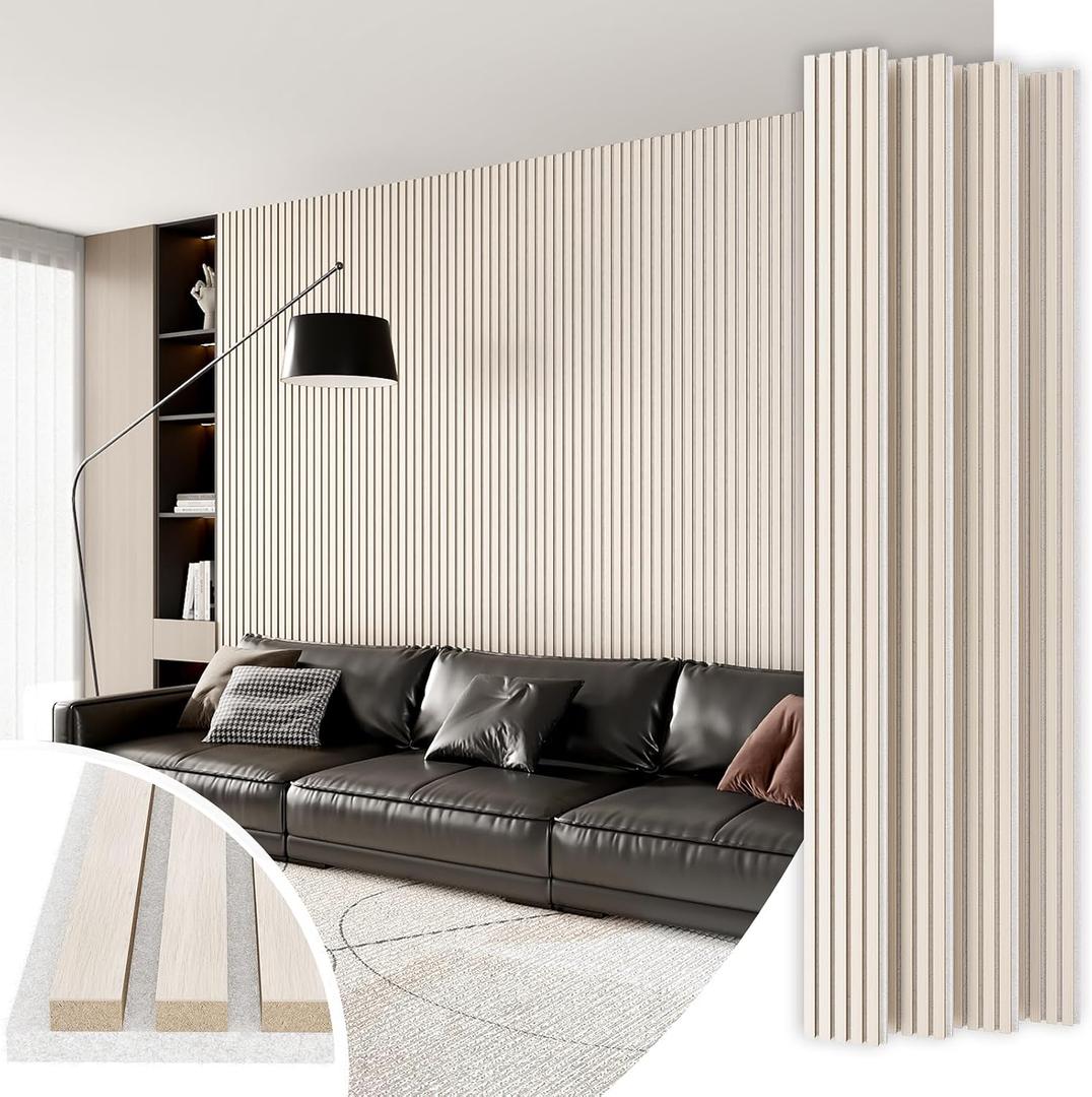 Wood Slat Acoustic Panels, 4 Pack 94" x 8"(21ft) Wood Wall Panels, Soundproof Wood Slat Panel, 3D Fluted Sound Absorbing Paneling for Wall Decor, Living Room, Bedroom, White Oak