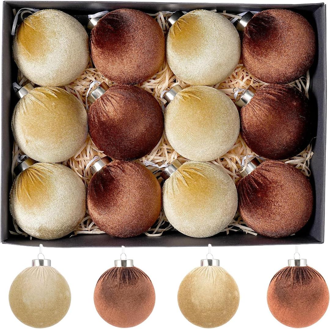 12 Pcs Velvet Christmas Ornaments Set - Coffee Brown Large Shatterproof Christmas Tree Decorations, 3.15 Inch Multicolor Velvet Balls for Xmas Tree, Home, and Party Decor