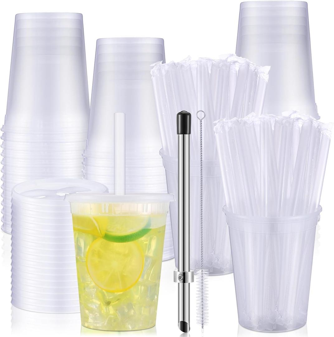 24 Set Lemonade Cups with Lids Include 32oz Clear Plastic Cups Straw Puncher Straws Lids Eyedropper Brush Summer Lemon Citrus Cold Cup for Party Lemonade Stand