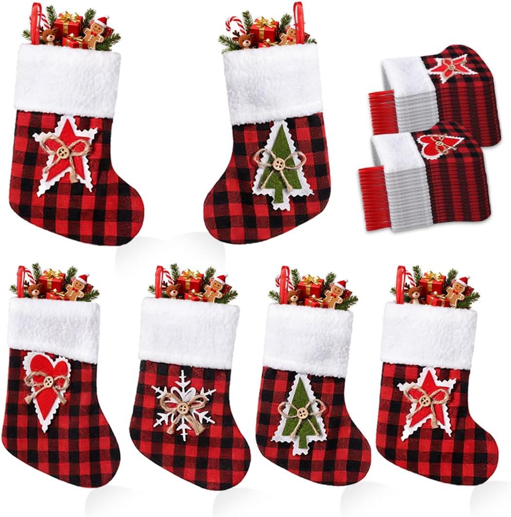 TWSANTAMAS 36 Pack Mini Christmas Stockings, 7 Inch Red Buffalo Plaid, Hanging Decorations for Fireplace Mantel, Home Holiday Decor