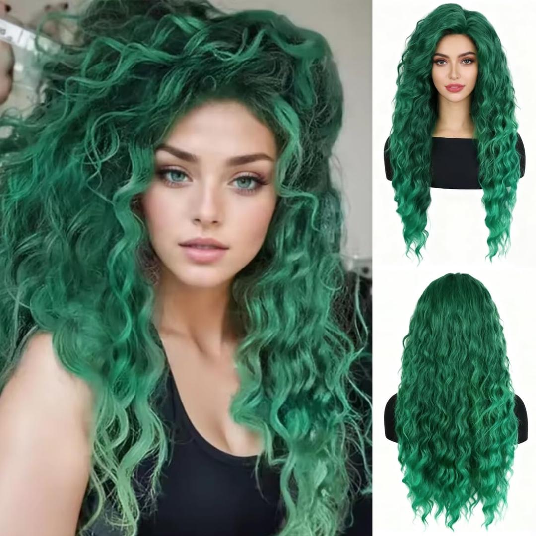 Long Curly Wavy Green Wig for Women Natural Ombre Fluffy Synthetic Hair for Costume Cosplay Halloween Party