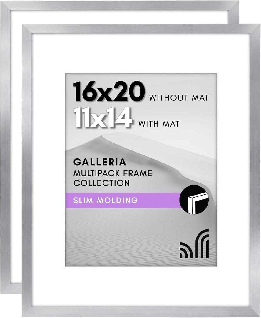 Americanflat 16x20 Picture Frame with Polished Plexiglass - Set of 2 - Use as 11x14 Frame with Mat or Display 16x20 Photo Without Mat - Galleria Collection - Picture Frames for Wall Display - Silver