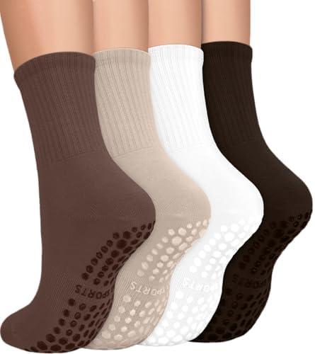 yeuG 3 Pairs Non Slip Pilates Socks with Grips for Women, Crew Grip Socks for Yoga, Barre, Hospital, Barefoot Workout