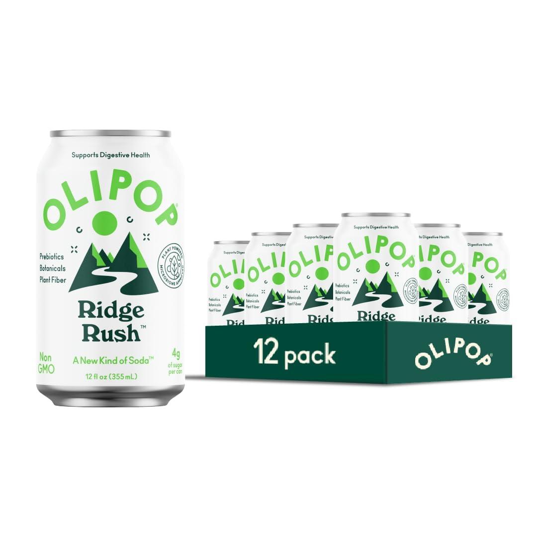 OLIPOP Prebiotic Soda Pop, Ridge Rush, Pantry Pack Packed with Prebiotics, Fiber, and Botanicals, Gluten Free, Vegan, GMO Free, 12oz (12-Cans)