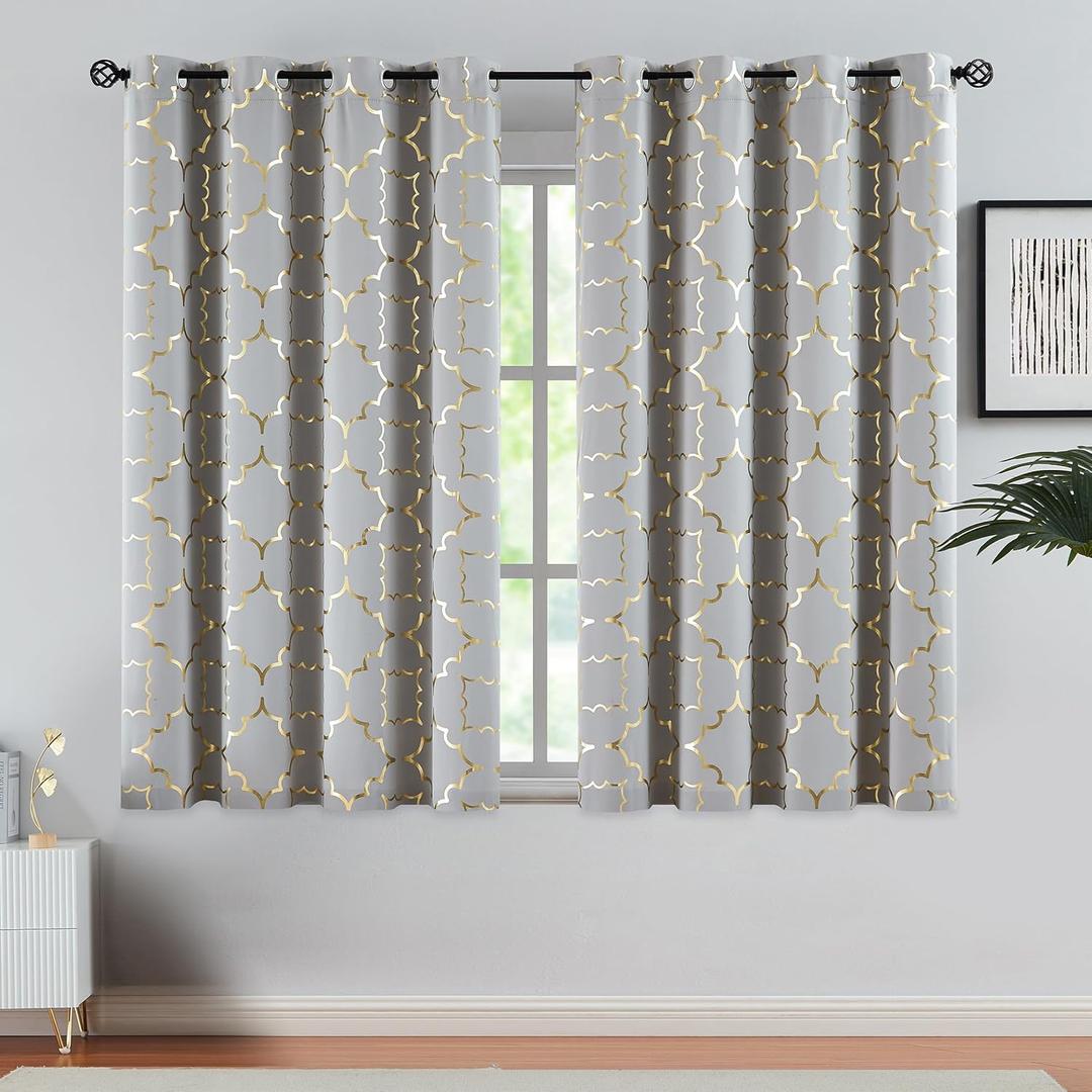 Purainbow Grey Blackout Curtains for Bedroom Living Room with Gold Foil Print Panels Room Darkening Energy Saving Grommet 95% Blackout Short Drapes for Patio Hall Studio, 2 Panels, 52" Wx54 L