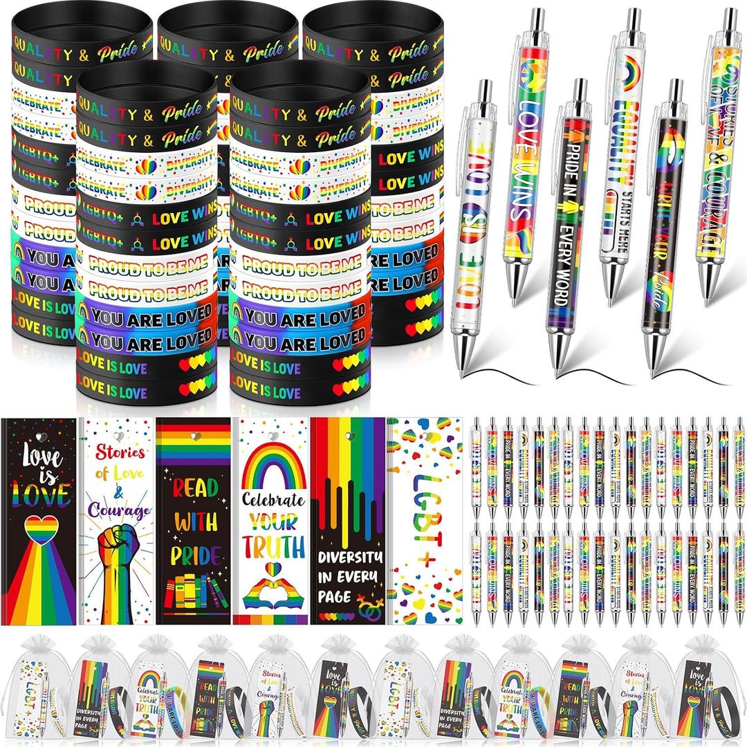 Sayglossy 60 Sets Gay Pride Gifts Bulk Rainbow Silicone Bracelets with Bookmarks and Love is Love Pens for LGBTQ Lesbian Support Party Favor Parade Events Accessories