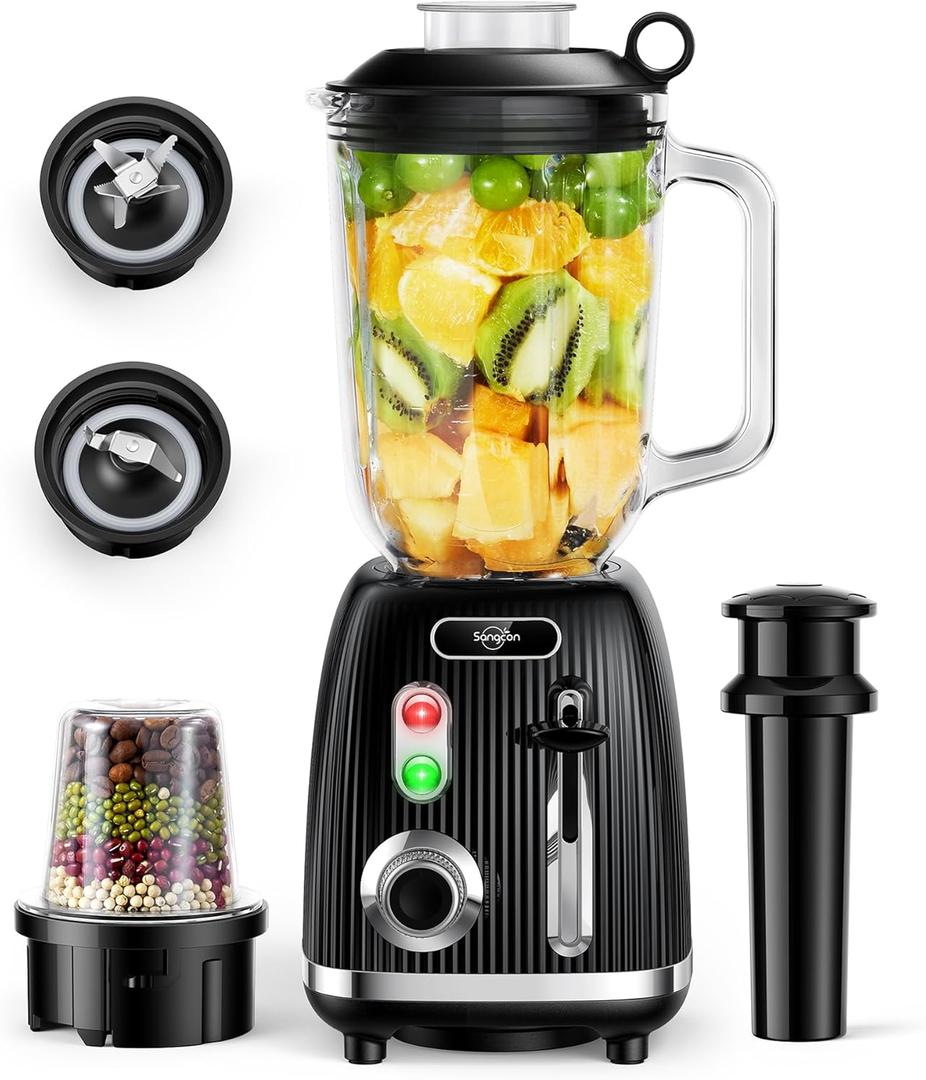 Sangcon 800W Blender for Shakes and Smoothies with 57 Oz Glass Jar & 10 Oz Grinding Cup, Smoothie Blenders and Food Processor Combo for Kitchen with 2 Speeds + Pulse, 6 Fins Blade & Grinding Blade 
