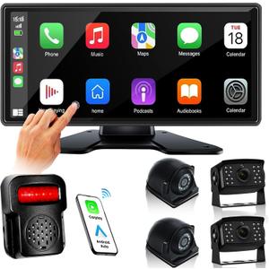 RV Backup Camera System with Carplay Android Auto, 10.36" Touch Quad Split Monitor + 1080P 4 Channel Cam with Mirror Link FM DVR Recording Night Vision Waterproof for RV Trailer Camper Truck