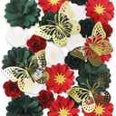MotiMind 39 Pcs Graduation Cap Decorations Kit Including 25 Rose Heads Paper Flowers 12 3D Gold Butterfly Stickers 1 Self Adhesive Pearl 1 Rhinestones Stickers for DIY Graduation Cap(Red and Green)