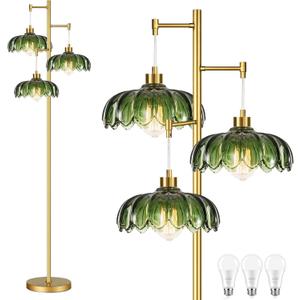 ILLMTW Glass Gold Floor Lamp for Living Room,Bedroom,Mid Century Modern Standing Lamp Brass Tree 3 Light Tall Floor Lamps Vintage Retro Floor Lights Green Flower Lamp Shade Farmhouse Boho Bohemian