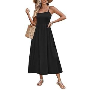 Zeagoo Sundress for Women Summer Casual Boho Dress Spaghetti Strap Square Neck Flowy Midi Dresses Black XL