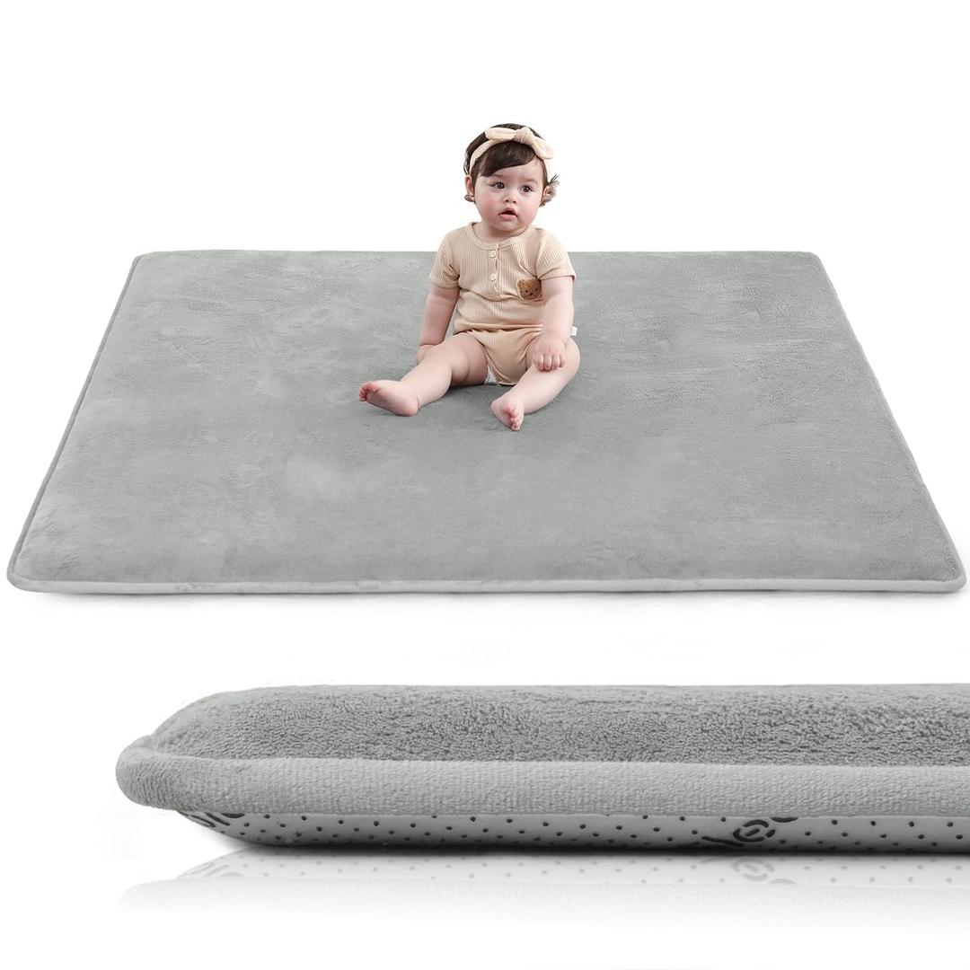 Baby Play Mat for Floor,1.3" Thick Elasti-Foam 50"50" Playpen Mat for Tummy Time,Water Repellent Soft Coral Velvet for Toddler,Infant,Kids,Non-Slip Backing Safe for Crawling(Light Gray)