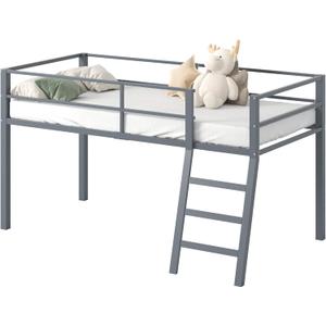Low Metal Twin Loft Bed with Ladder and Guardrail for Kids or Teens, Space Saving Loft Bed Twin Size for Small Bedroom, Grey