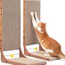 FUKUMARU Cat Scratcher, 26.8 Inch Cat Scratch Pad for Indoor Cats, L Shaped Cardboard Vertical Cats Scratching Board with Ball Toy, Walnut Color, 2 Packs