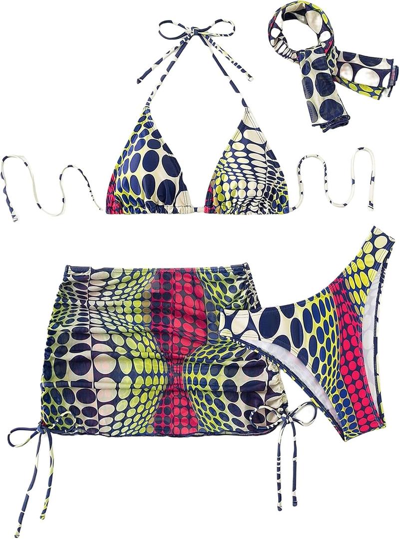 COZYEASE Women's 4 Piece Swimsuits Sexy Bikini Sets Triangle Bathing Suit with Mesh Cover Up Beach Skirt & Bandana (Large, Multicolor Blue)