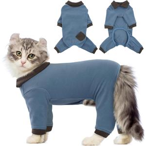 QBLEEV Cat Pajamas for Cats Only, Sticky Hair Cat Clothes, Cat Onesie for Cats After Surgery Female Male, Surgical Cat Recovery Suit Full Bodysuit, Long Sleeve Cat Shirts Outfits to Prevent Licking, Medium, Blue