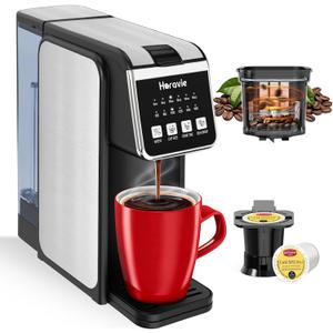 Horavie Single Serve Coffee Maker with Built-in Grinder, Fast Brew 6-16oz Single Cup for Whole Beans, Grounds, K-Cup, Grind and Brew Coffee Maker with 47oz Water Tank, Descaling Alert, Black