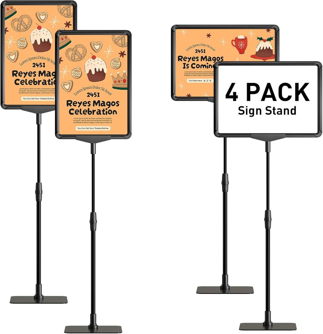 Sign Holder Stand 8.5x11 inch Sign Stand Holder for Table Sign Stands for Display Advertising Menu Tabletop - Poster Sign Stand Adjustable Floor Standing Sign Holder - 4 Pack