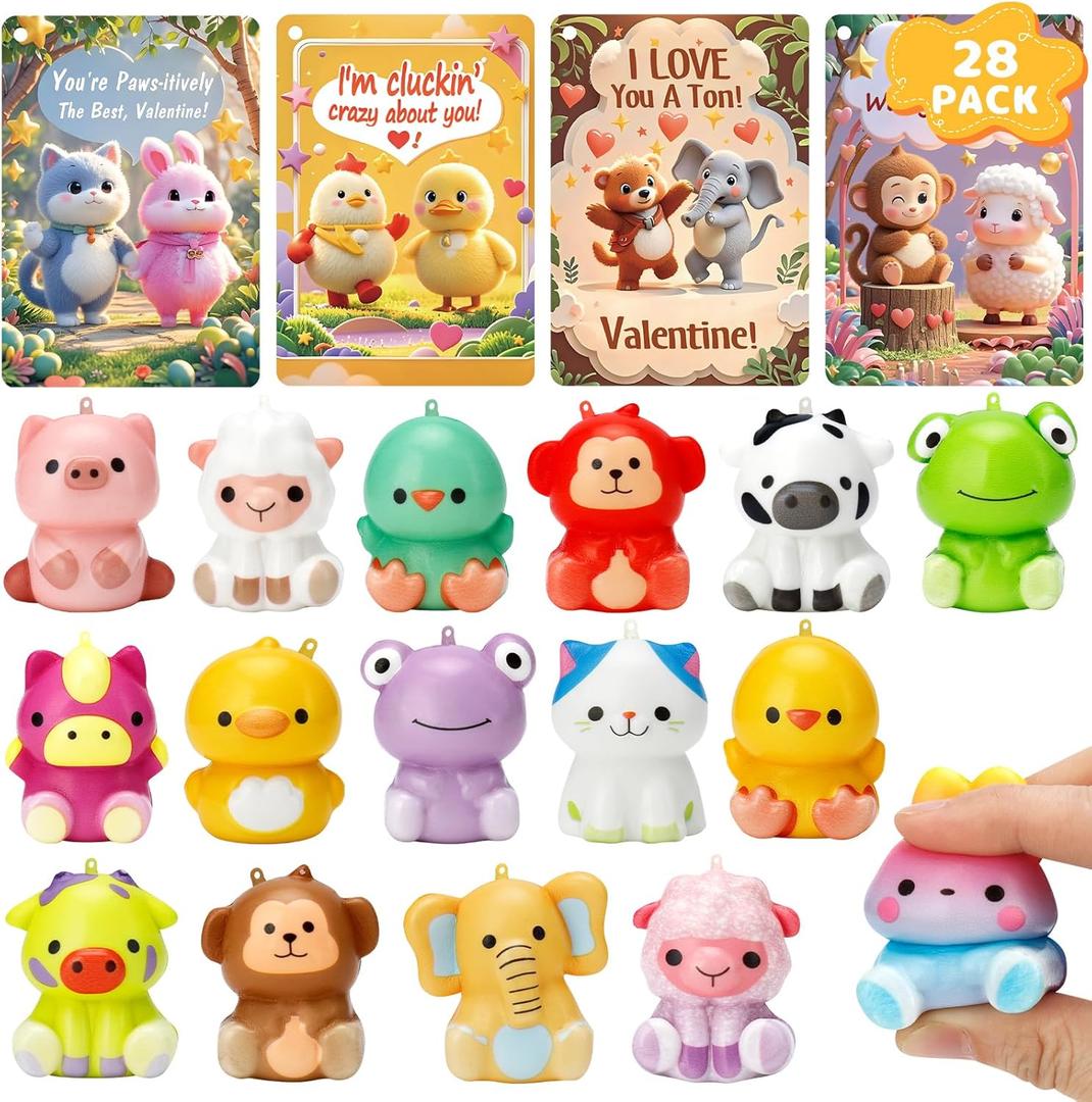 28 Valentines Day Cards with Cute Animal Squishy Toys  Classroom Exchange Valentines for Kids, Pun Cards, Stress Relief Slow-Rising Squishies, School Party Gift Set