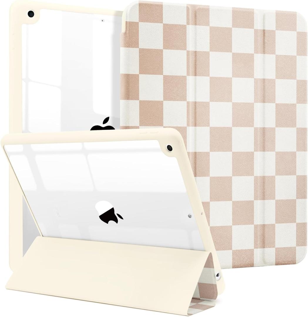MrARTIST for iPad 9th/8th/7th Generation Case - Tablet Case Cute for Women Girls Girly Kawaii Aesthetic Preppy Kawaii Chic Cool Design for Apple Tablet Cover with Pencil Holder, Khaki Checkered