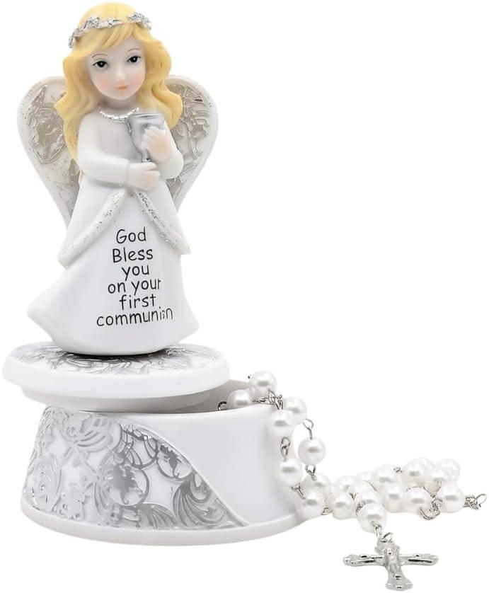 Comfy Hour First Communion Angel Figurine Keepsake Box with Cross Necklace, Christian Catholic Prayer with Chalice, Artisan Crafted Resin Religious Statue for Baptism & Holy Communion