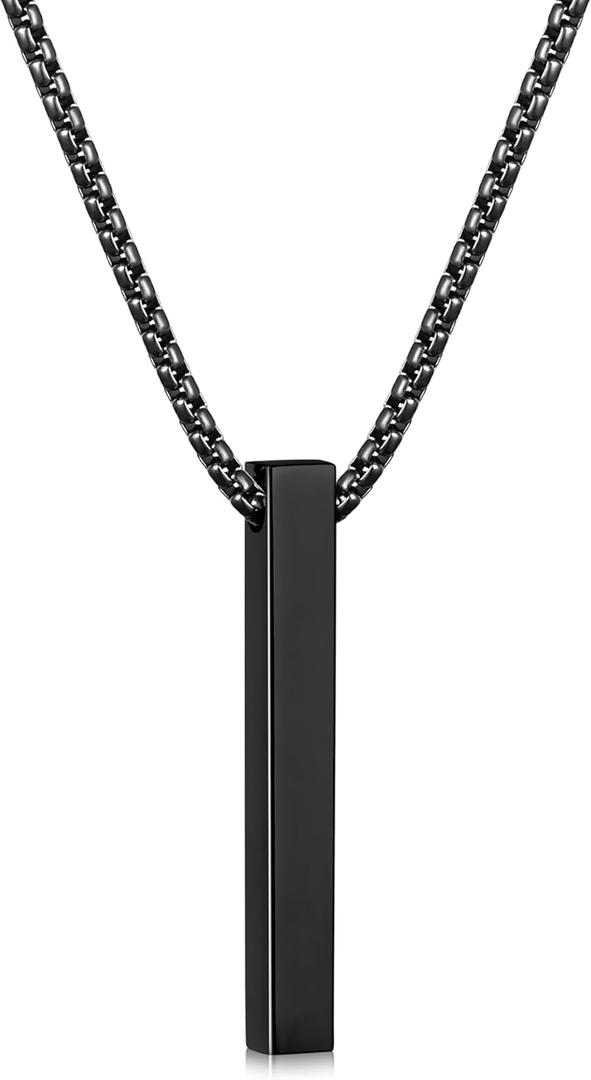 Fiusem Pendant Necklace for Men, Silver Tone/14k Gold Plated/Black Mens Pendant Necklaces with 2.5 mm Box Chain, Stainless Steel Bar Chain, 18-28 Inches