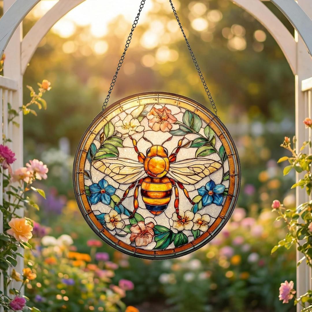 Stained Glass Window Hanging, Bee in Garden Flowers Sun Catcher, 7.87 InchHandmade Suncatcher for Window, Home Kitchen Decor, Gift for Gardeners, Bee Lovers, Birthday