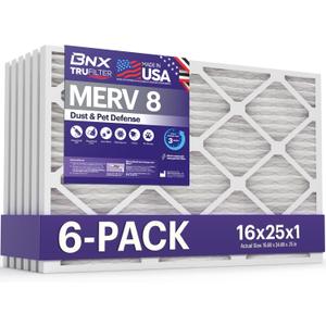 BNX TruFilter 16x25x1 Air Filter MERV 8 (6-Pack) - MADE IN USA  Dust & Pet Defense Electrostatic Pleated Air Conditioner HVAC AC Furnace Filters for Dust, Pet, Mold, Pollen MPR 600  700 & FPR 5