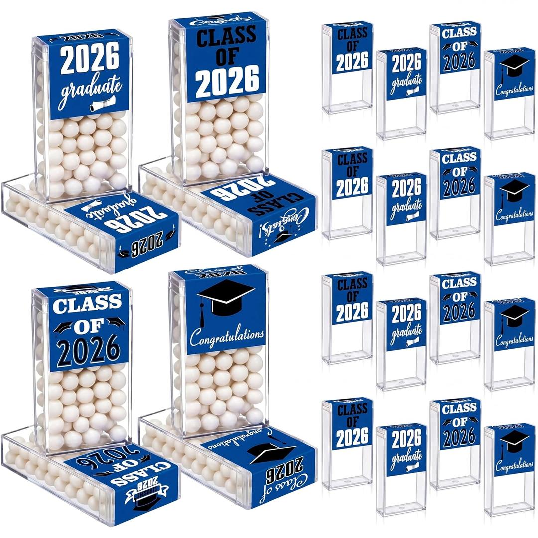 AceOrbit 2026 Graduation Candy Jar Bulk for 24 Guest 3.54 Inch Empty After Dinner Candy Tube Buffet Container Acrylic Box with Sticker for Class of 2026 End of Year Gifts Multi-item Party Favor(Blue)