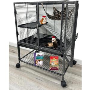 Deluxe Sturdy Wrought Iron Two Tiers Small Animal Critters Rolling Cage