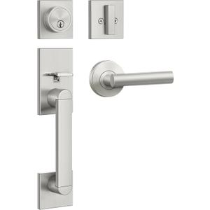 BESTTEN Squre Front Door Handle Set with Single Cylinder Deadbolt Lock, Exterior keyed Entry Handleset with Reversible Right & Left Handed Handle, All Metal Construction, Nickel