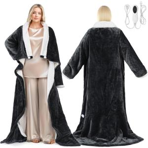 PASAMIC Electric Wearable Heated Blanket with Foot Pocket, Heated Blanket Wearable with Sleeves, Flannel & Sherpa Electric Throw, 10 Heat Settings & 2-8H Auto Shut-Off, 50 * 70"+18", Dark Grey