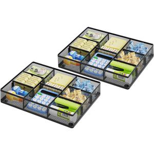 Marbrasse 2Pack Desk Drawer Organizer, Metal Mesh Drawer Organizer Tray with 5 Adjustable Compartments,Desk Organizers and Accessories for Home,Office,Kitchen,Makeup,Vanity (Black)