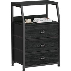 Furnulem Black Night Stand, Small Dresser for Bedroom, Nightstand with 3 Fabric Storage Drawers and 2-Tier Shelf, End Table Side Furniture for Closet, Hallway, Nursery, Sturdy Steel Frame, Wood Top