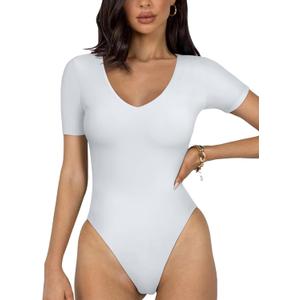 REORIA 2025 New Short Sleeve Women's Bodysuits V Neck Seamless Going Out Basic Thong Bodysuit tshirt bodysuit (White) S