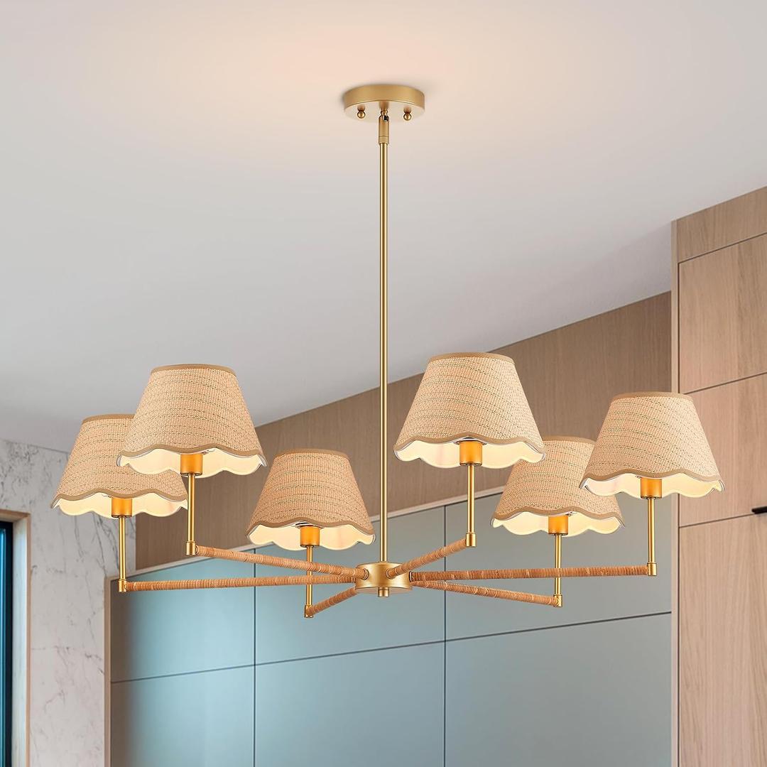 39 Boho Rattan Chandelier 6-Lights Rustic Industrial Pendant Light Large Adjustable Pendant Lighting Fixtures for Kitchen Island Dining Living Room, UL Listed