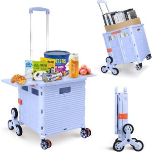 Foldable Utility Cart Collapsible Portable Crate Rolling Carts with Stair Climbing Wheels Tote Basket with Magnetic Lid Telescopic Cover Wear-Resistant 360Rotate Wheel Noiseless for Shopping Office
