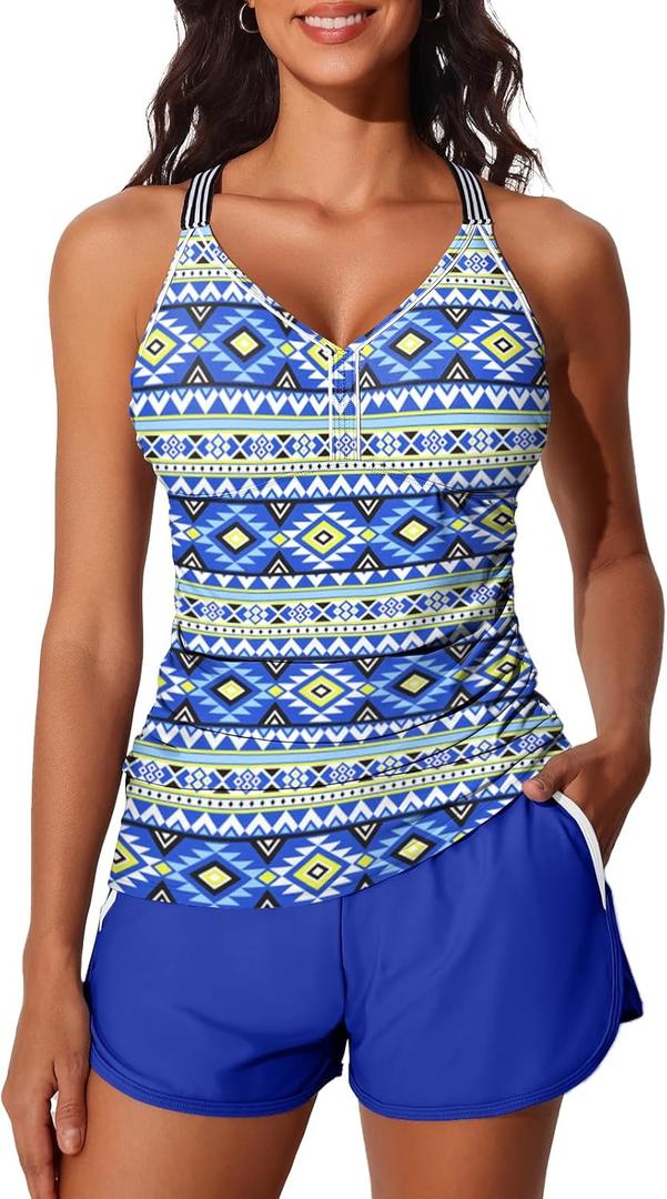 Summer Mae Modest Tankini Swimsuits for Women 2025 Two Piece Bathing Suits with Sporty Pockets Boy Shorts for Tummy Control (16, Multi-color Geometry)