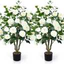 Artificial Camellia Tree 2 Pack 42" Faux Camellia Plant in Pot with 32 Blooming Flowers Fake Flower Tree Greenery Potted Plant for Indoor Outdoor Office Home Porch Decor White