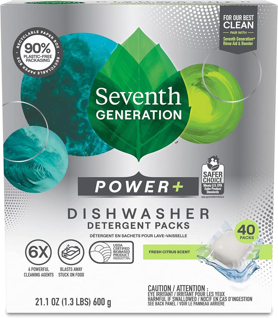 Seventh Generation Power Plus Dishwasher Detergent Packs Fresh Citrus scent for sparkling dishes Dishwasher tabs 40 count