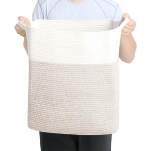 Tall Laundry Basket With Handles,Woven Cotton Rope Big Laundry Hamper Sorters,Versatile Storage for Dirty Clothes,Baby Toys,and Blankets in Bathroom, Nursery,and Living Room (White Brown, 68L)