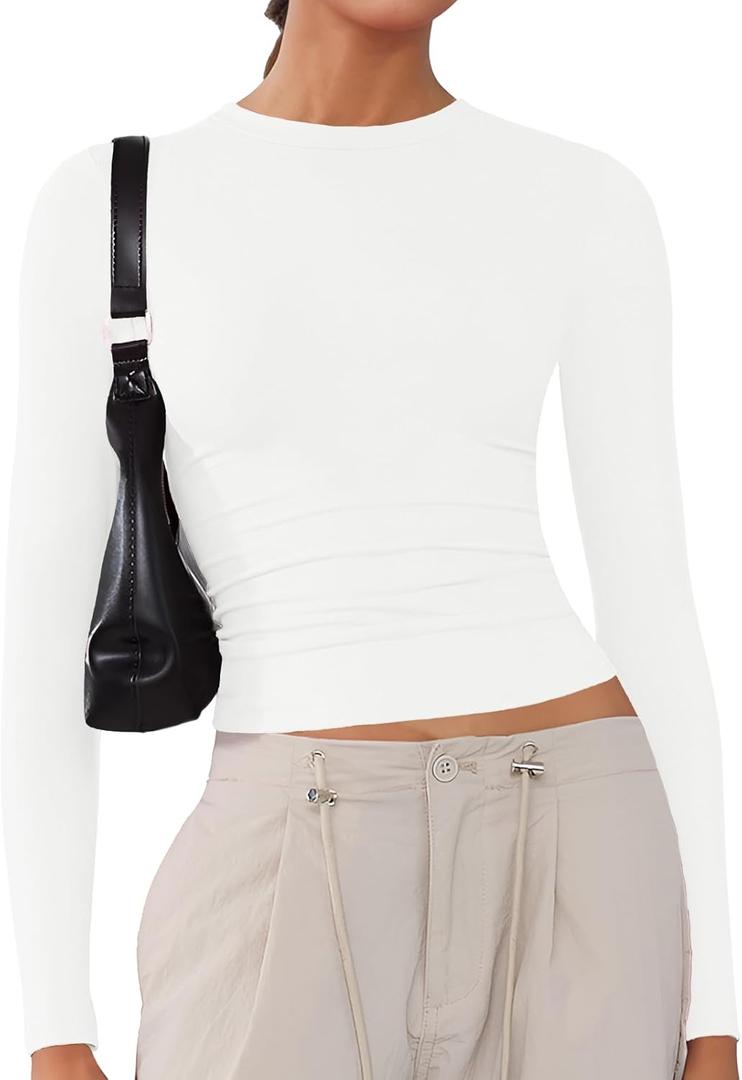 Women's Soft Long Sleeve Shirts Crew Neck Tops Basic Tees Stretchy Going Out Crop Tops Y2K Slim Fit T-Shirts Small