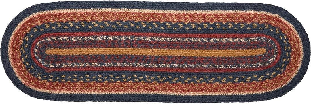 VHC Brands Stratton Primitive Stair Tread Blue Jute Striped Latex Backing Oval Floor Decor 8.5"x27"