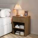 Nightstand Bedside Table Storage Drawer - Large Mid Century Modern Night Stand with Fluted Wood Storage Drawer and Open Shelf Bed Side Table for Bedroom Study Room, Walnut Brown, Set of 1