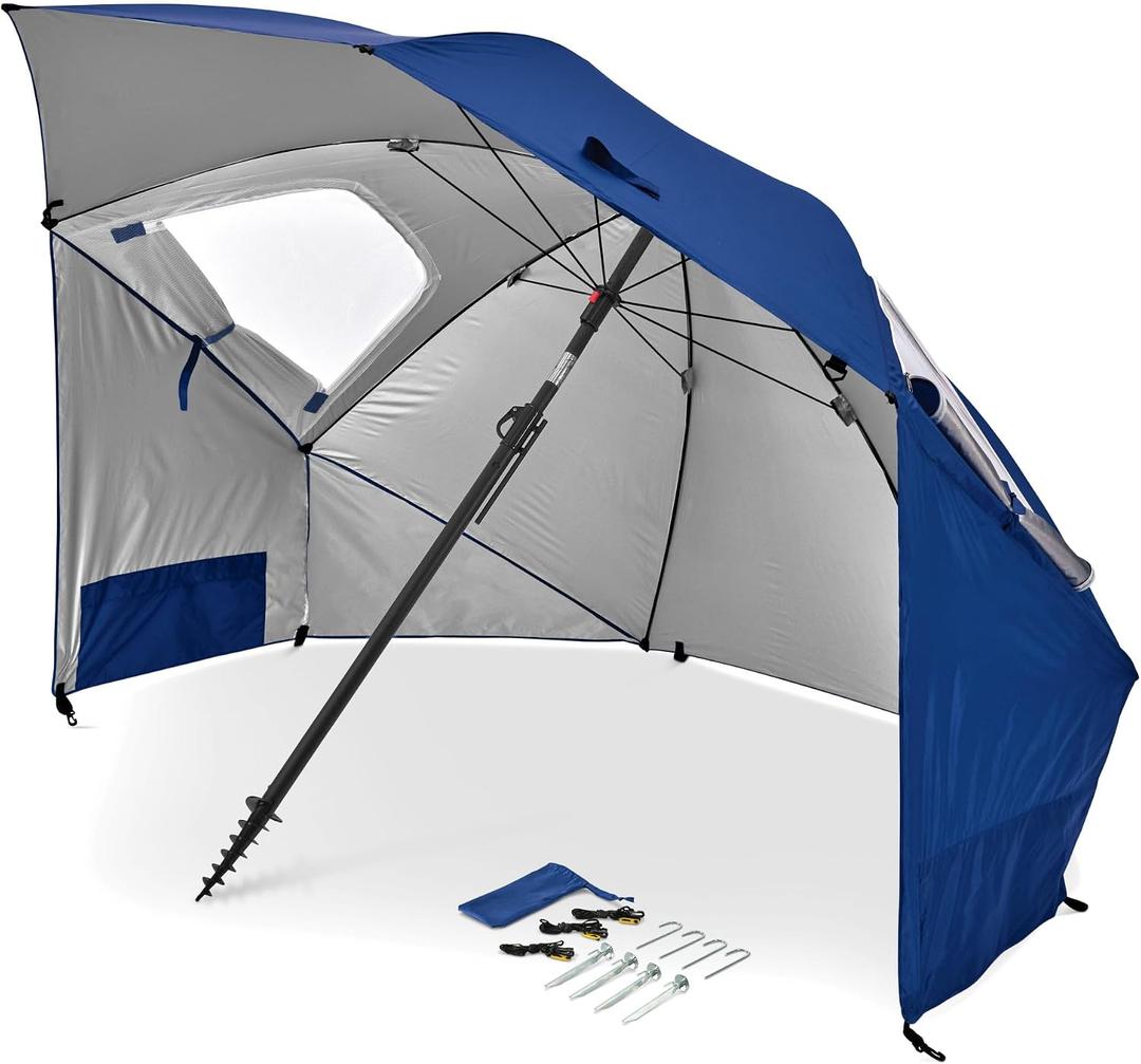 Sport-Brella Premiere UPF 50+ Umbrella Shelter with Patented Side Panels and Tilt Mechanism, Heavy-Duty 1.25 Inch Center Pole, Auger Anchor for Sand and Grass, 8 Foot Canopy, Coastal Blue