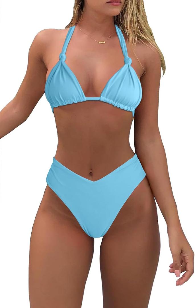 Bikini Sets for Women Sexy Halter Triangle String Bikini Cheeky V Cut High Waisted Thong Swimsuits 2 Piece (Medium, Light Blue)