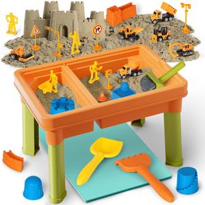 Lehoo Castle Sensory Table with Sensory Sand, Indoor Sensory Bin with Lid & 2.6lbs Play Sand, Construction Kit with 6 Alloy Trucks & Castle Molds, Sensory Toys for Toddler Boys and Girls