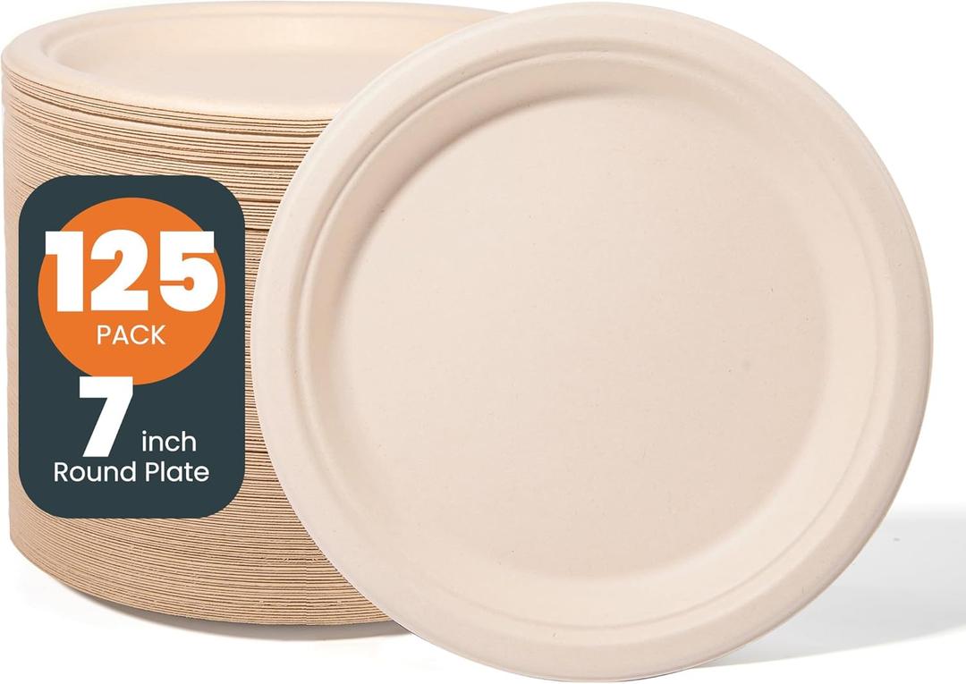 100% Compostable Plates - 125-Count Heavy Duty, Biodegradable Bagasse Plates - Eco Friendly and Sustainable (Natural, 7 inch) (7 inch, Natural)