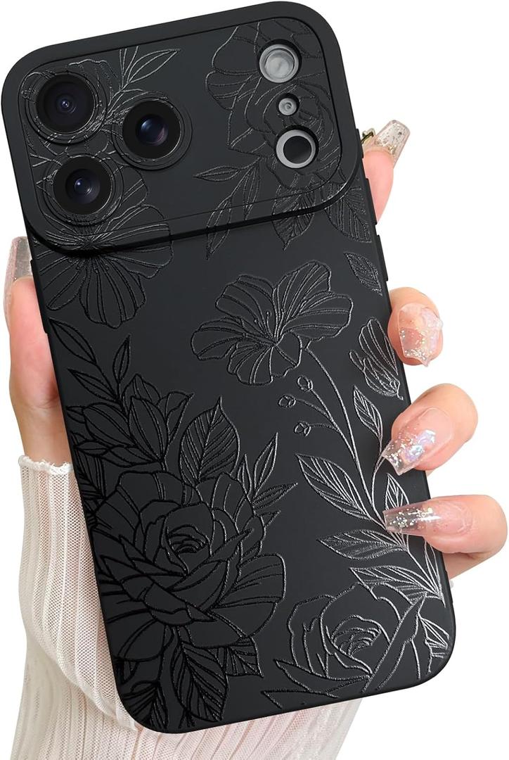 LSL Case for iPhone 17 Pro Black Floral Flower Pattern Print Design Soft TPU Full Camera Lens Anti-Drop Anti-Scratch Shockproof Protective Slim Cover for Women Girls