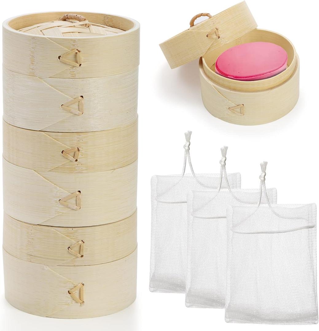 Lyellfe 3 Pack Bamboo Bar Holder, Natural Soap Dishes with Lid Foaming Net, Round Shampoo Soap Tray Saver Box, Mini Snack Steamer Container for Travel, Bathroom, Shower